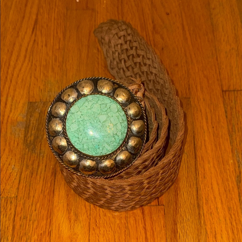 Brown Hand Woven Belt with Turquoise Buckle